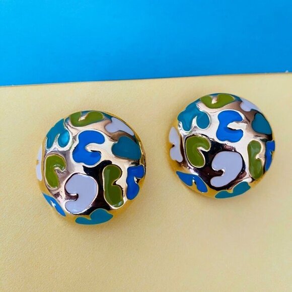 Vintage Jewelry - Vintage Round Enamel Colorful Clip On Earrings Abstract